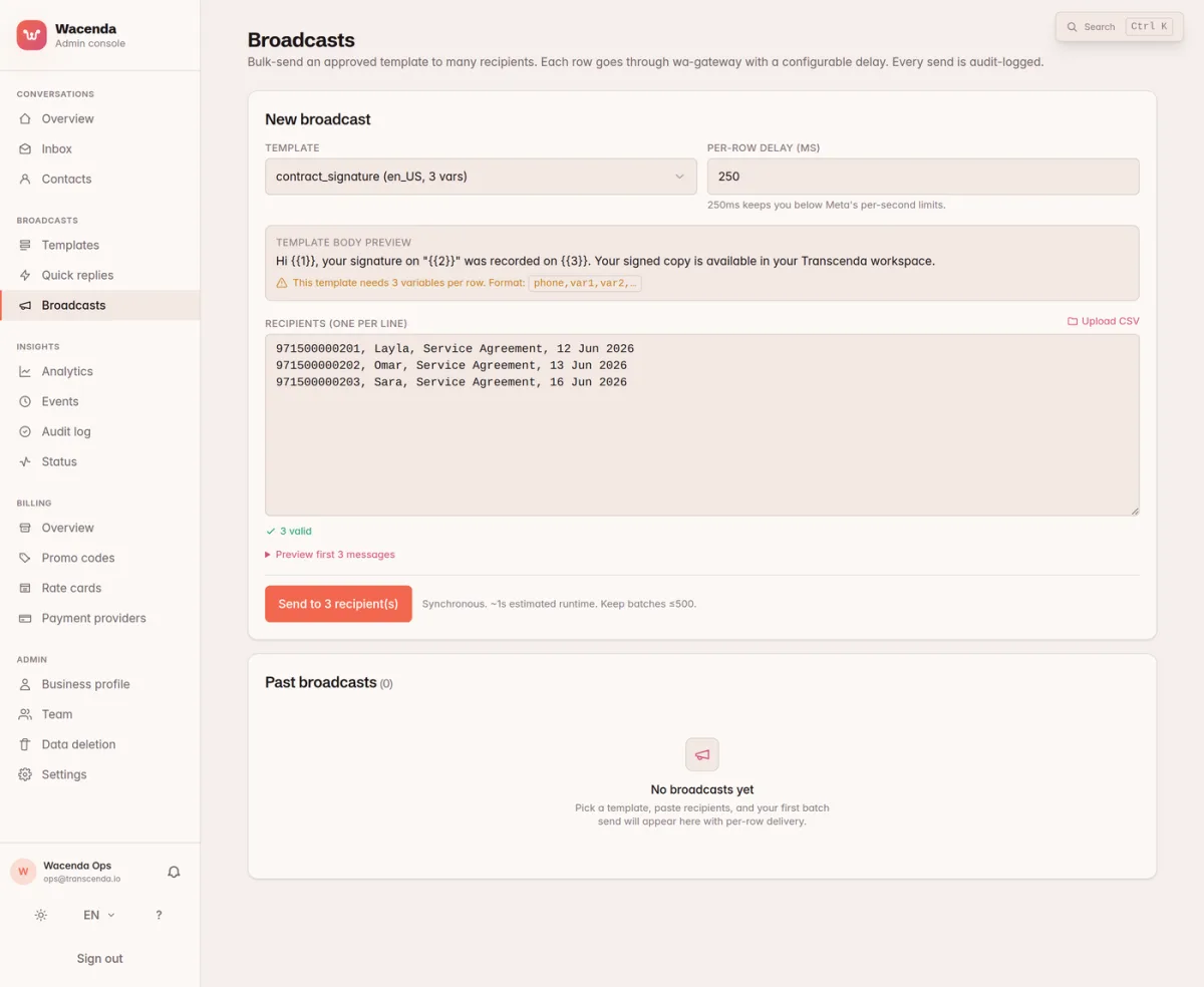Wacenda broadcast composer — send approved campaigns to your customer list