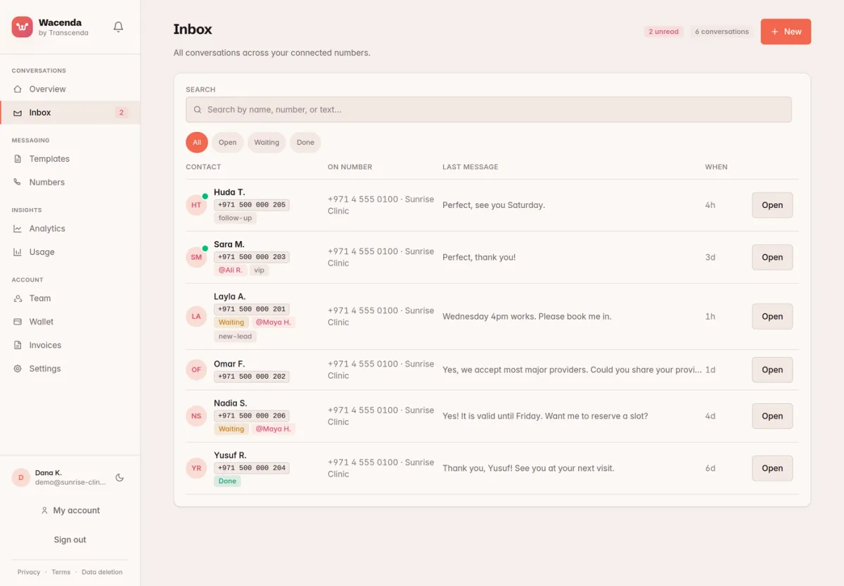 Wacenda shared team inbox — your whole team replying from one WhatsApp number